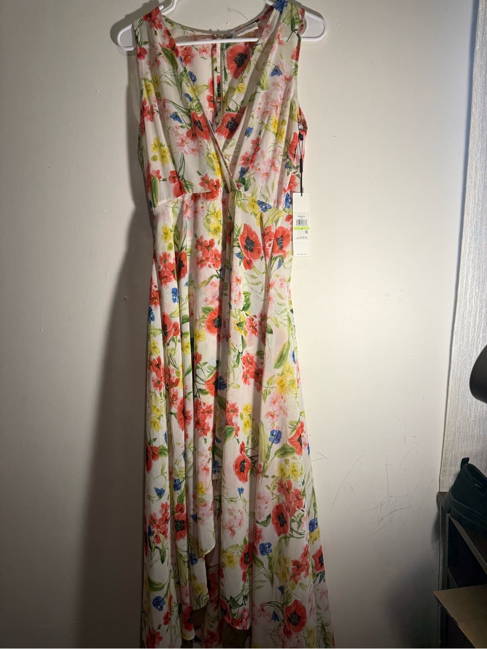 Floral V-Neck Maxi Dress in White with Red & Yellow Blooms